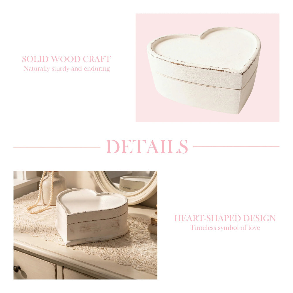 Vintage Heart Wooden Keepsake Box with solid wood craftsmanship and product details on white background