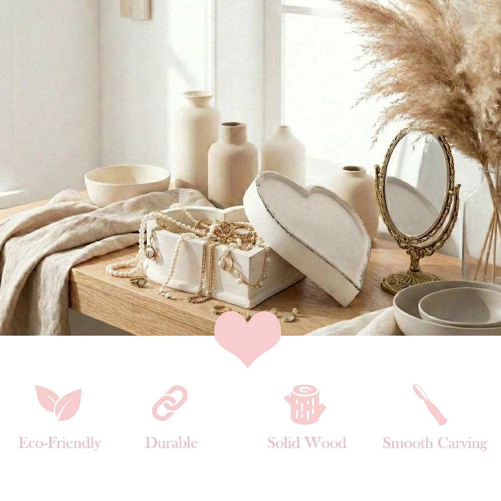 Vintage Heart Wooden Keepsake Box displayed on a wooden table with decorative ceramic accents
