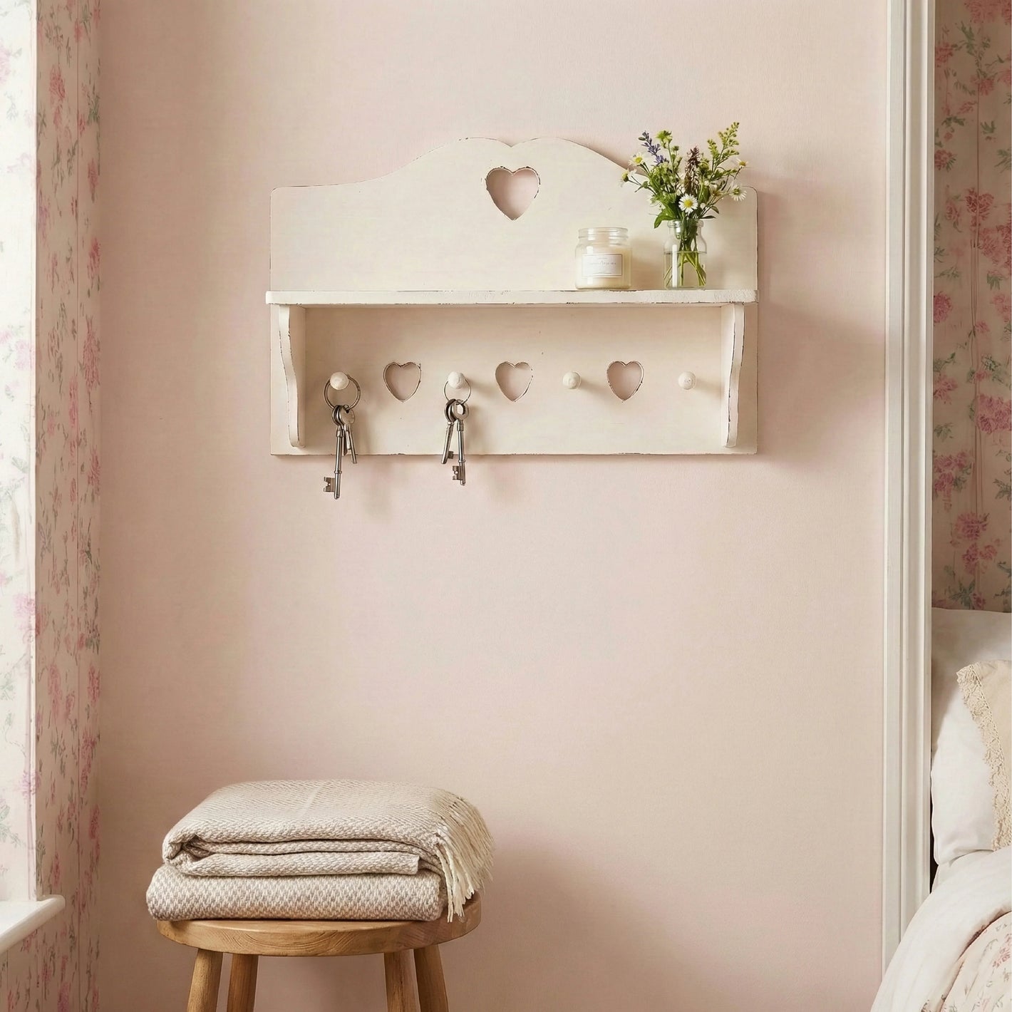 Wall-mounted shelf with heart-shaped hooks and a small plant in a bedroom setting.