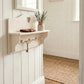 Shabby Chic Heart Cut-Out Wall Shelf with hooks and flower vase on wooden flooring
