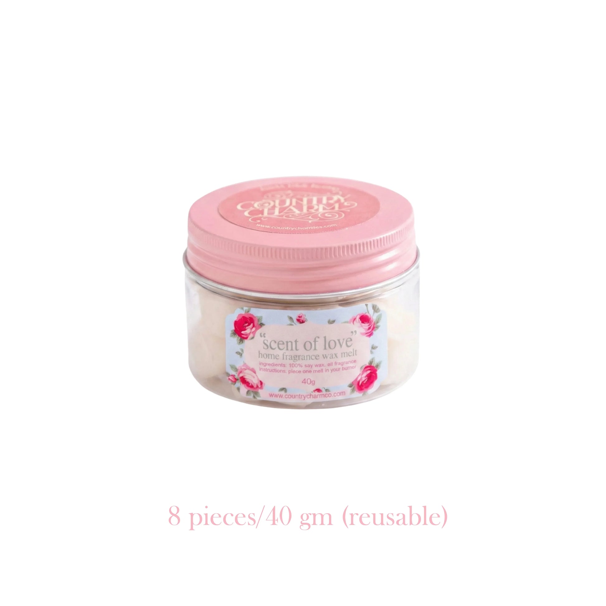 Jar of wax melts with pink lid and floral label on a white background

