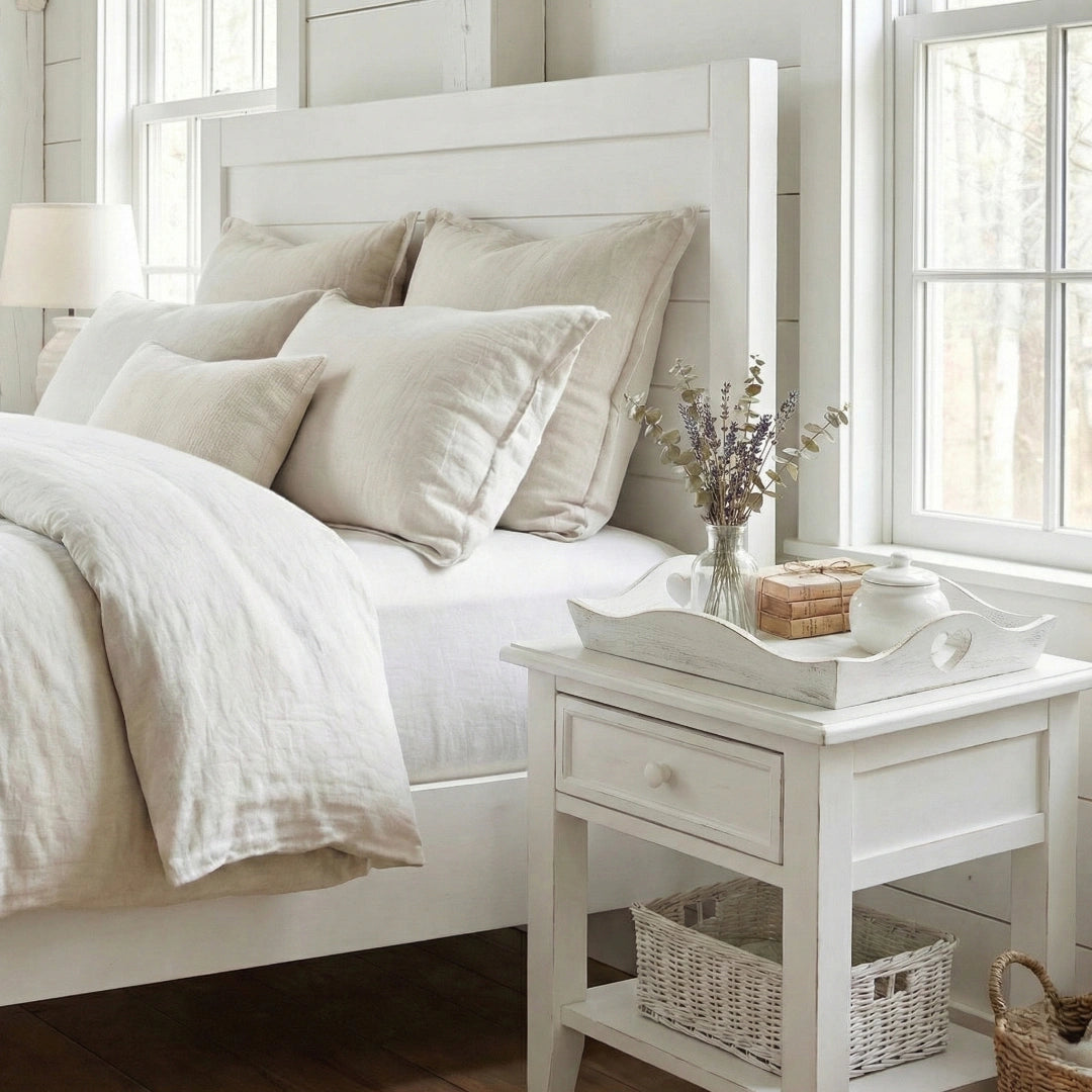 Neatly made bed with white bedding and pillows in a bright bedroom.