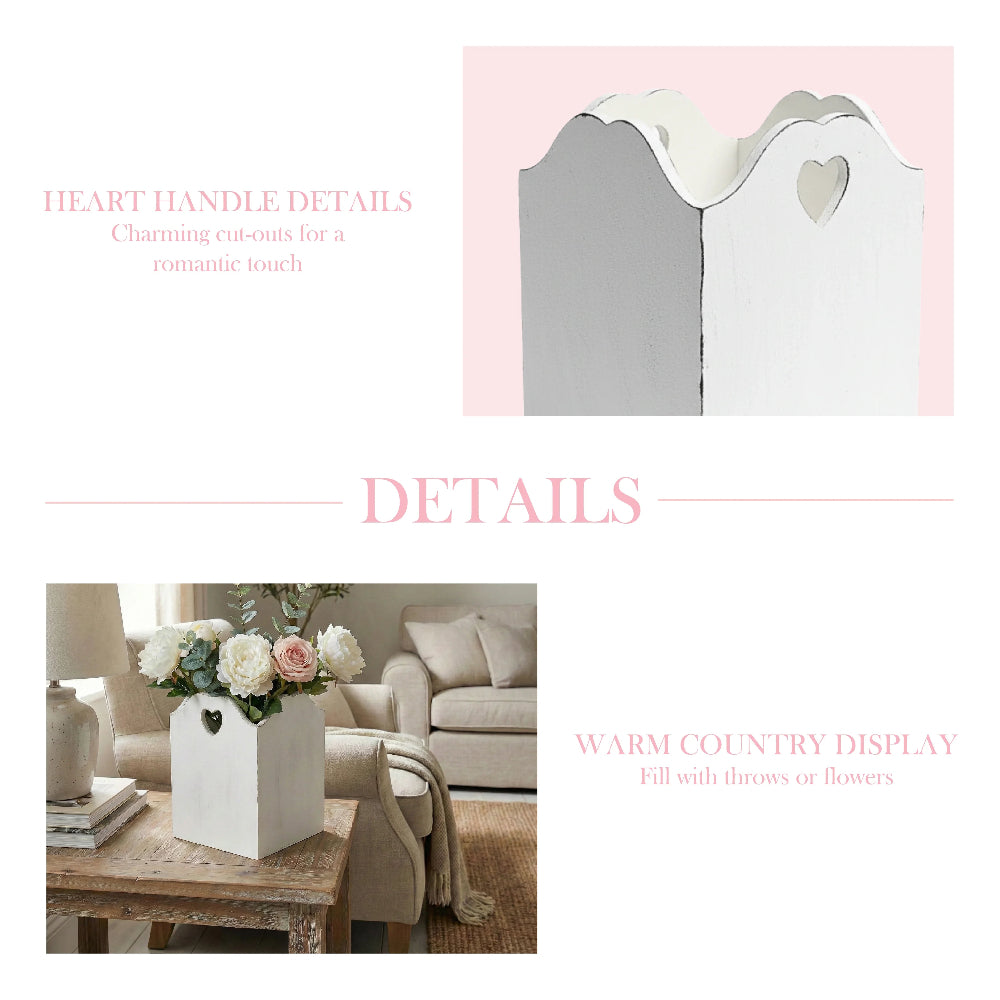 Decorative white box with heart handle details, used as a warm country display and infographic details