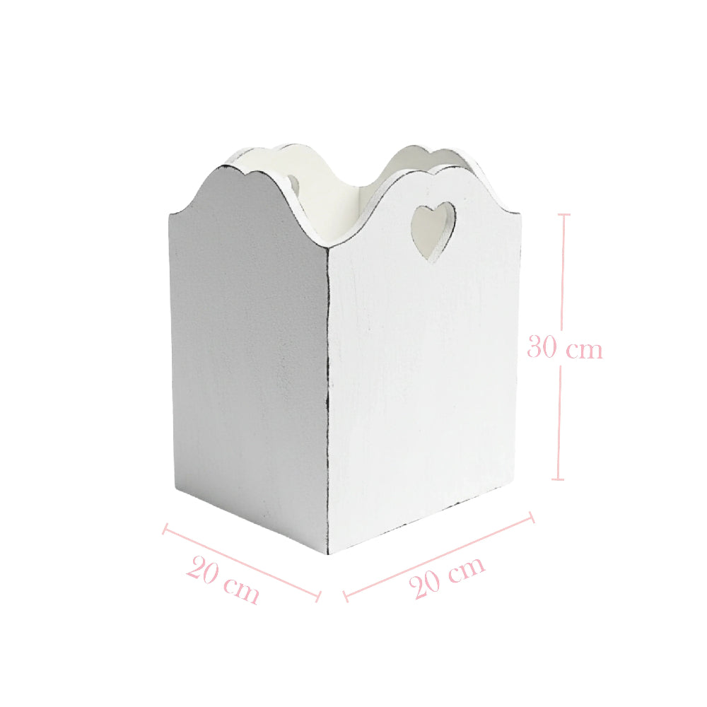 White decorative box with scalloped edge and heart cutout, shown with dimensions on a white background.