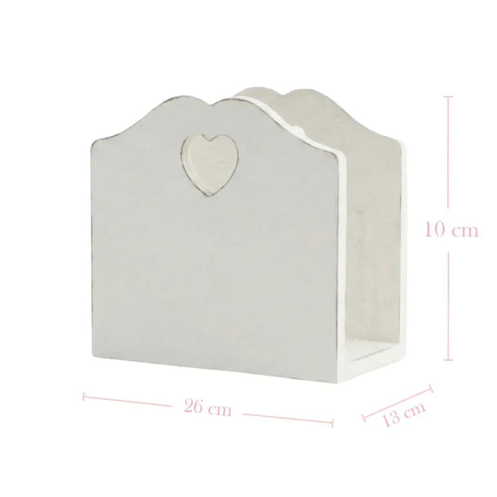 White decorative box with a heart cutout and dimensions on a white background
