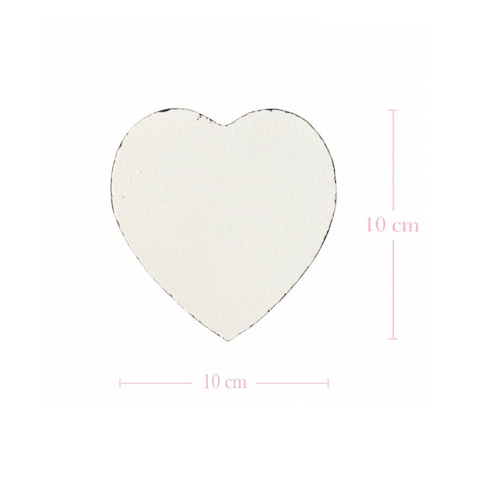 White heart-shaped coaster with pink 10 cm dimension lines on a solid white background.