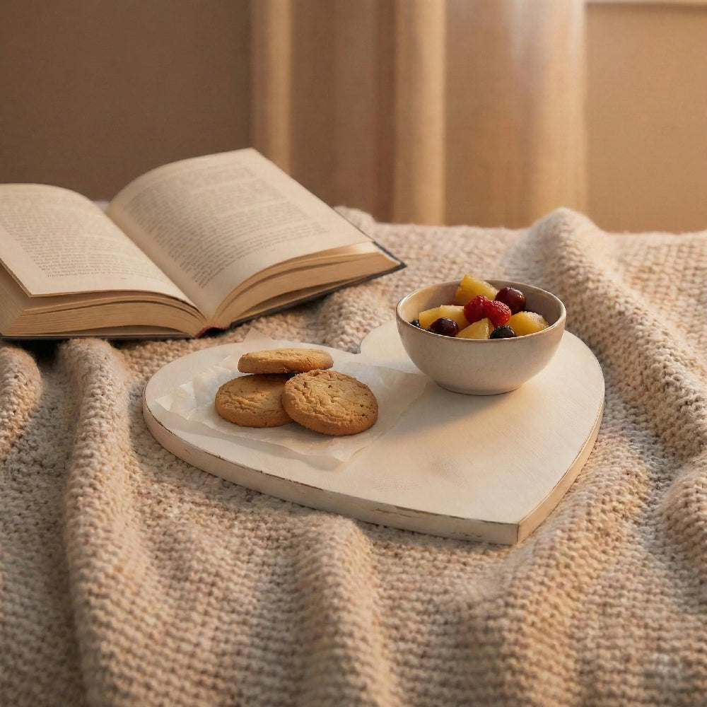 White heart wooden tray with cookies and a bowl of fruit on a knit blanket next to an open book.