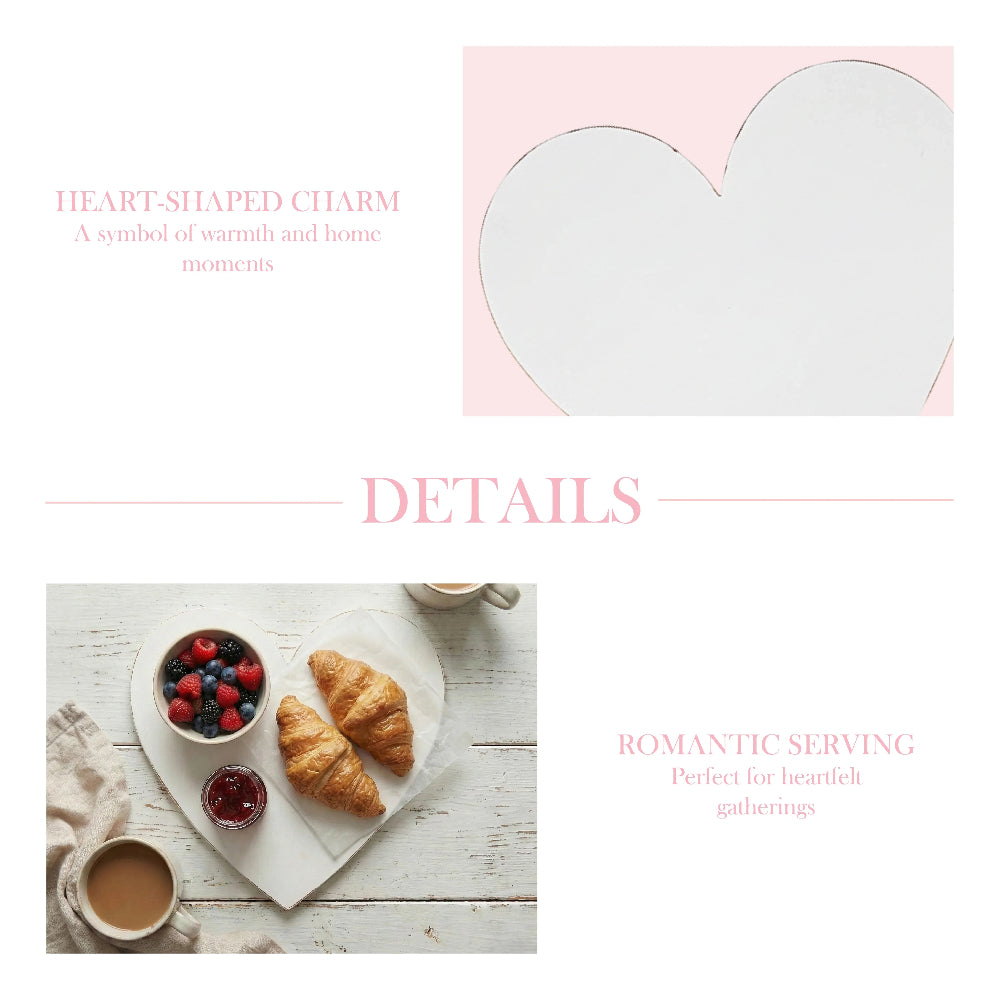 Collage of a white heart-shaped tray and a breakfast setting with croissants and berries, featuring pink accent text.