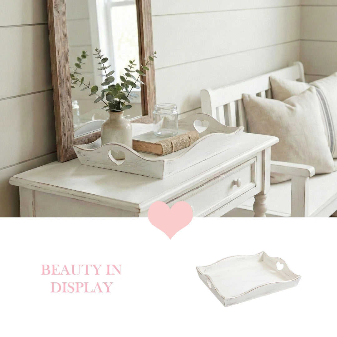 White decorative tray on a wooden surface with a heart and text overlay
