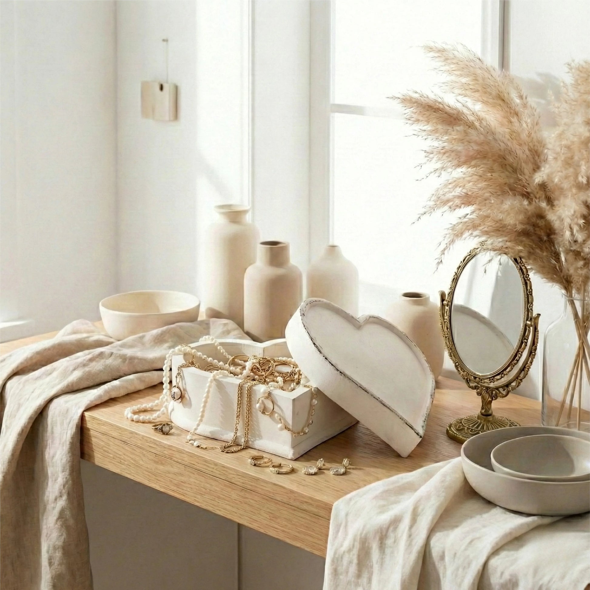 Decorative setting with a wooden table, white jewelry box, and decorative items in a bright room.