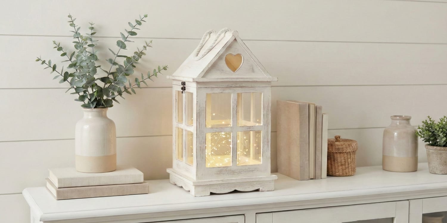 Decorative white lantern with books and plants on a wooden surface