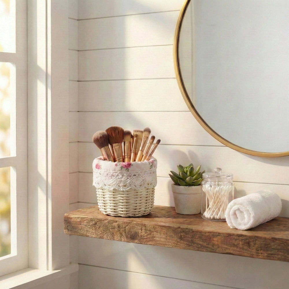 White mini wicker basket holding makeup brushes on a natural wood shelf next to a succulent, cotton swabs, and a rolled towel.