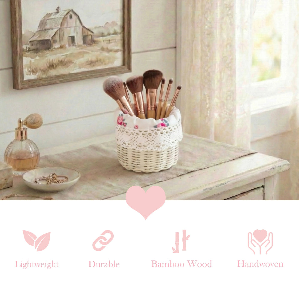 White mini wicker basket holding makeup brushes on a distressed white dresser, featuring a rose-patterned liner and crochet lace trim.