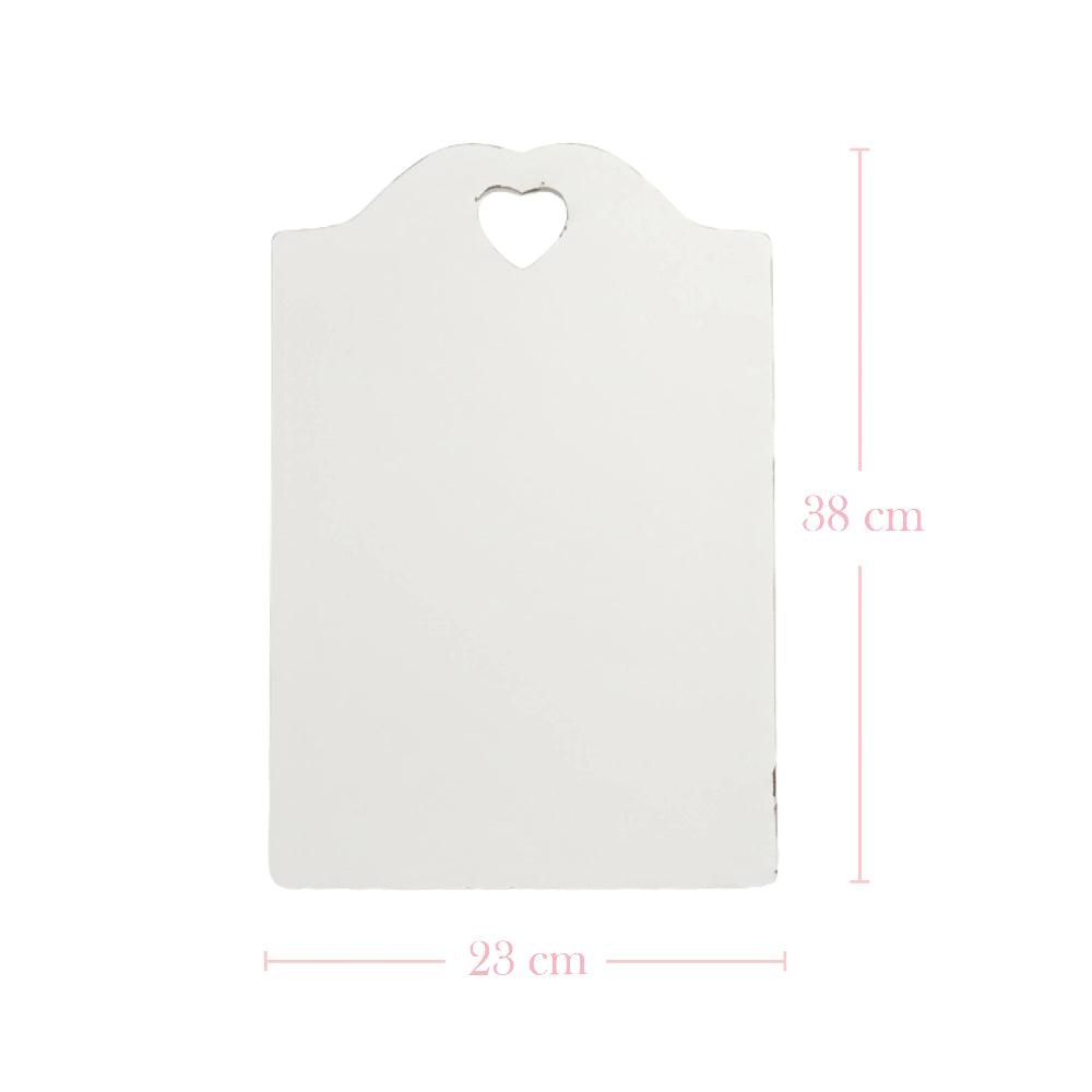 White serving board with dimensions on a white background