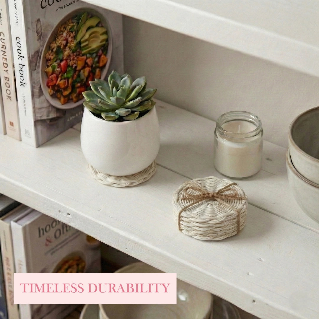 White shelf with a potted succulent, candle, and decorative item, with 'Timeless Durability' text overlay.