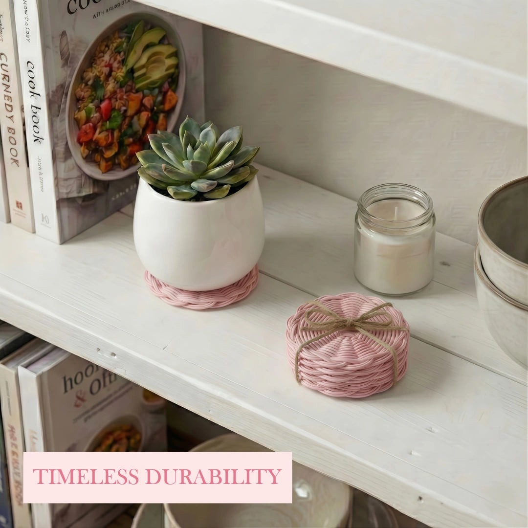 White shelf with a potted succulent, candle, and decorative item, with 'Timeless Durability' text overlay.