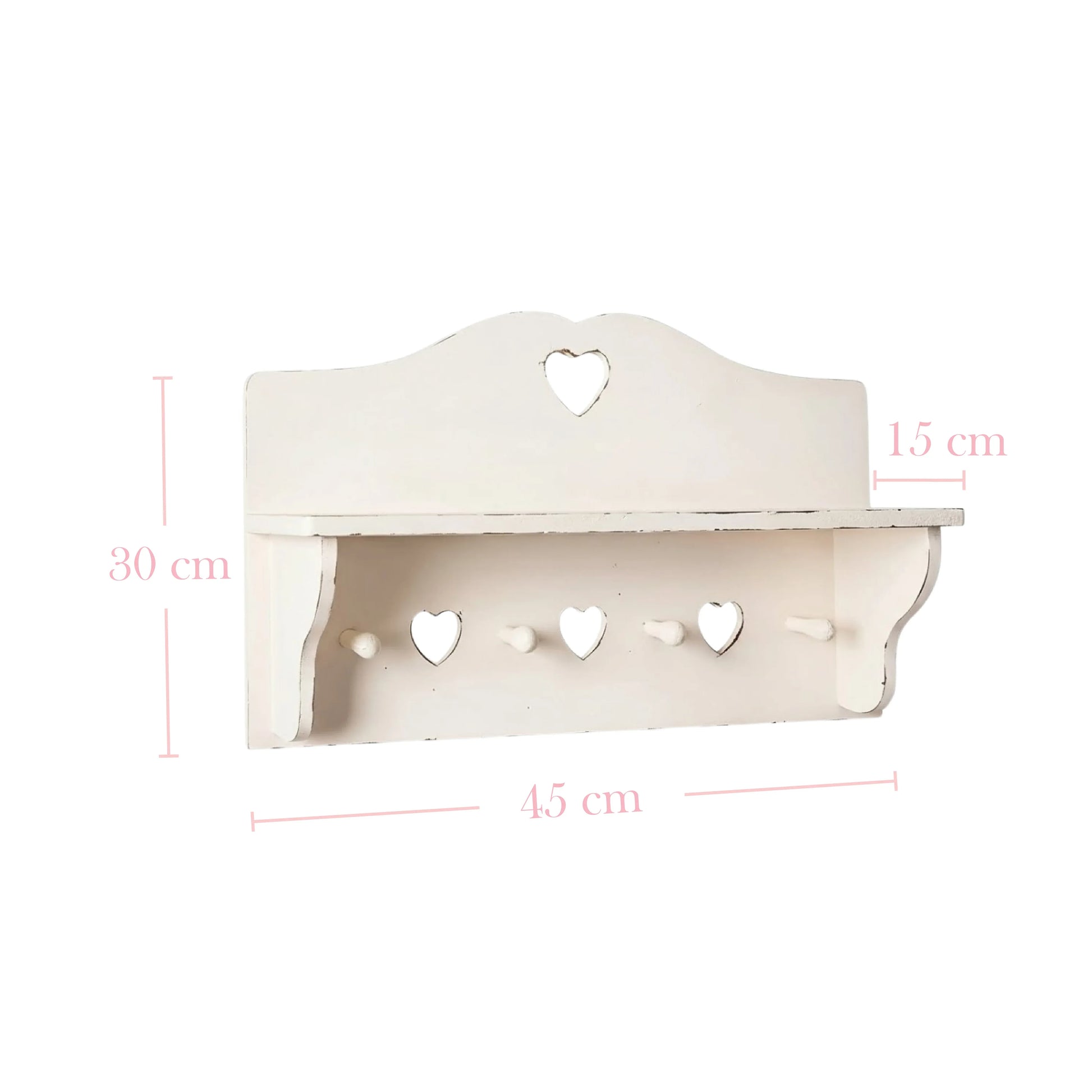 White wall shelf with heart designs and measurements on a white background