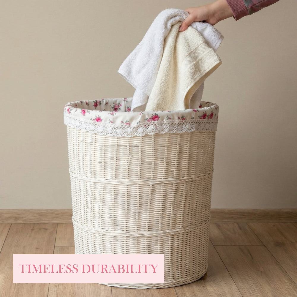 Hand placing white towels into a white wicker basket with floral lining and lace trim on a wooden floor.