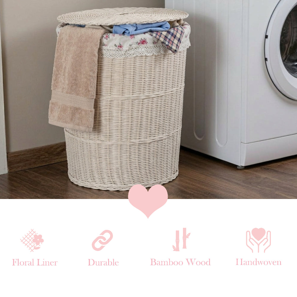 White wicker hamper with floral lining and laundry next to a washing machine, featuring pink icons and product text.