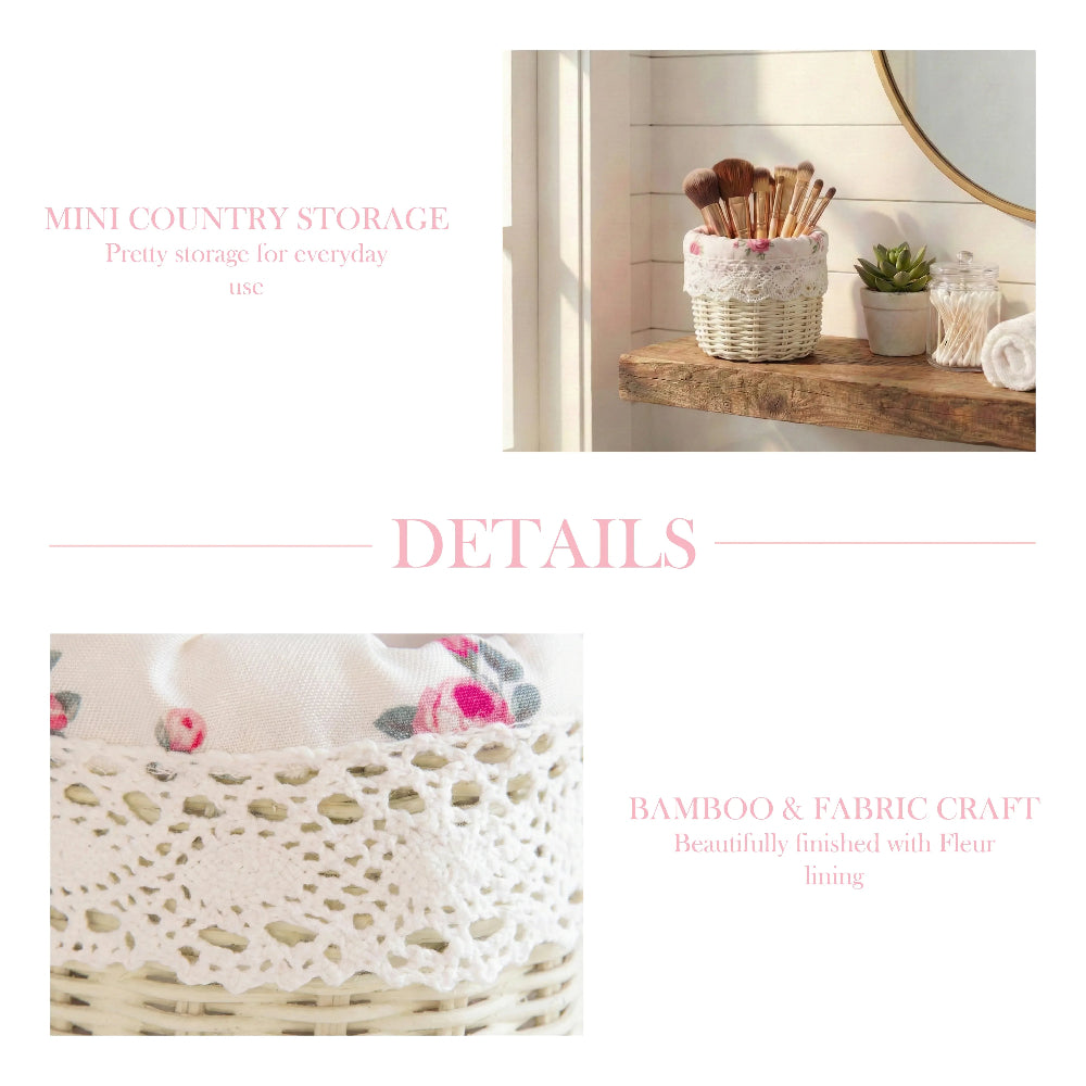 White wicker basket with makeup brushes on a wooden shelf next to a plant and a close-up of the crochet lace and floral fabric details.