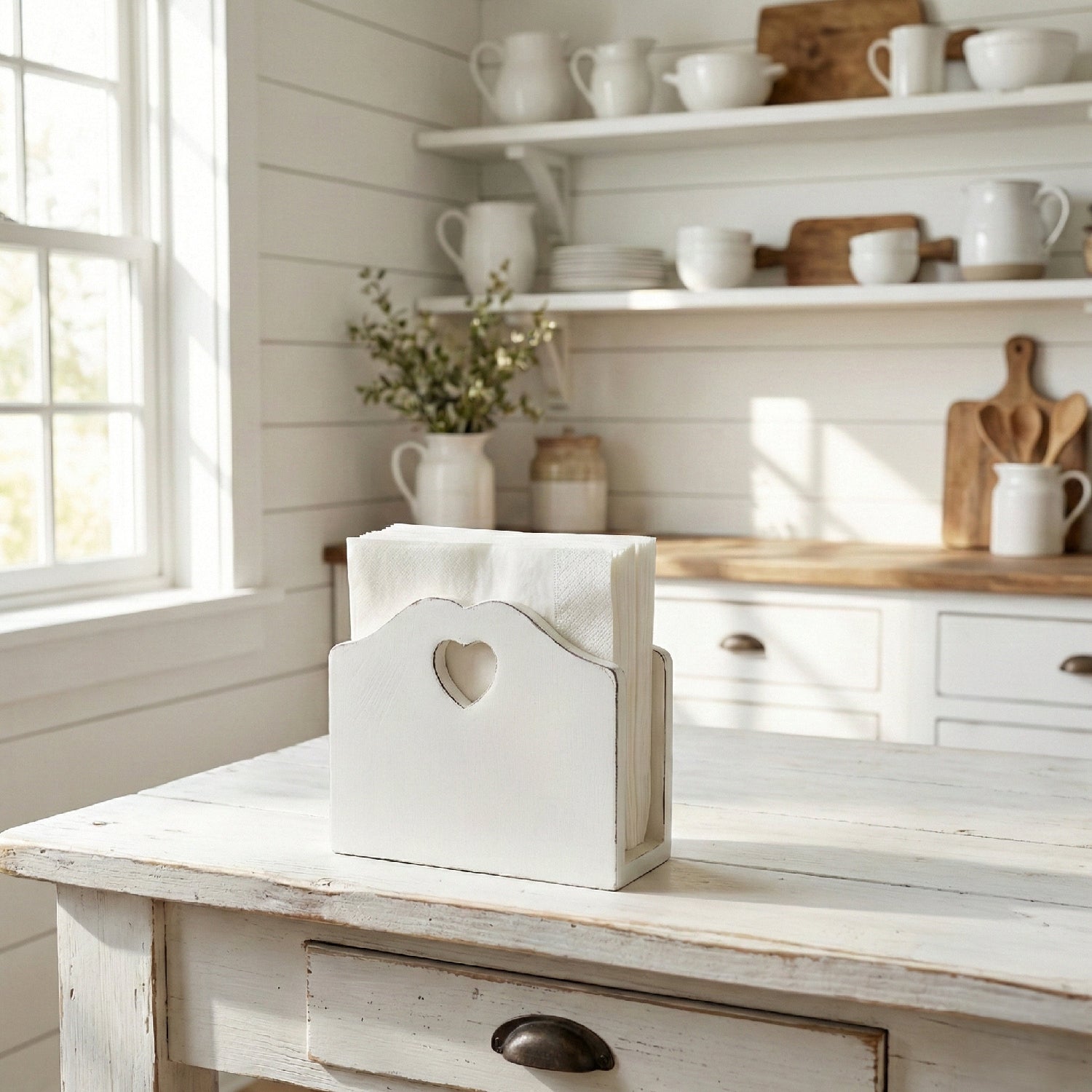 White wooden box with a heart cutout on a rustic wooden table in a kitchen.