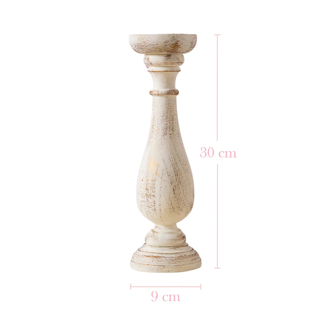 White wooden candle holder with dimensions on a white background