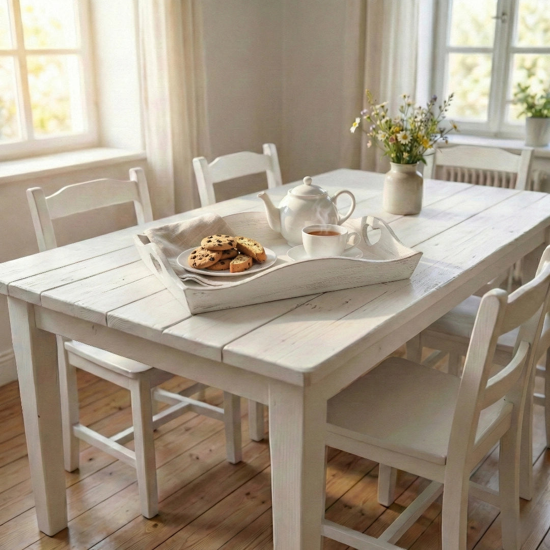 White wooden dining table with chairs in a bright room with natural light.