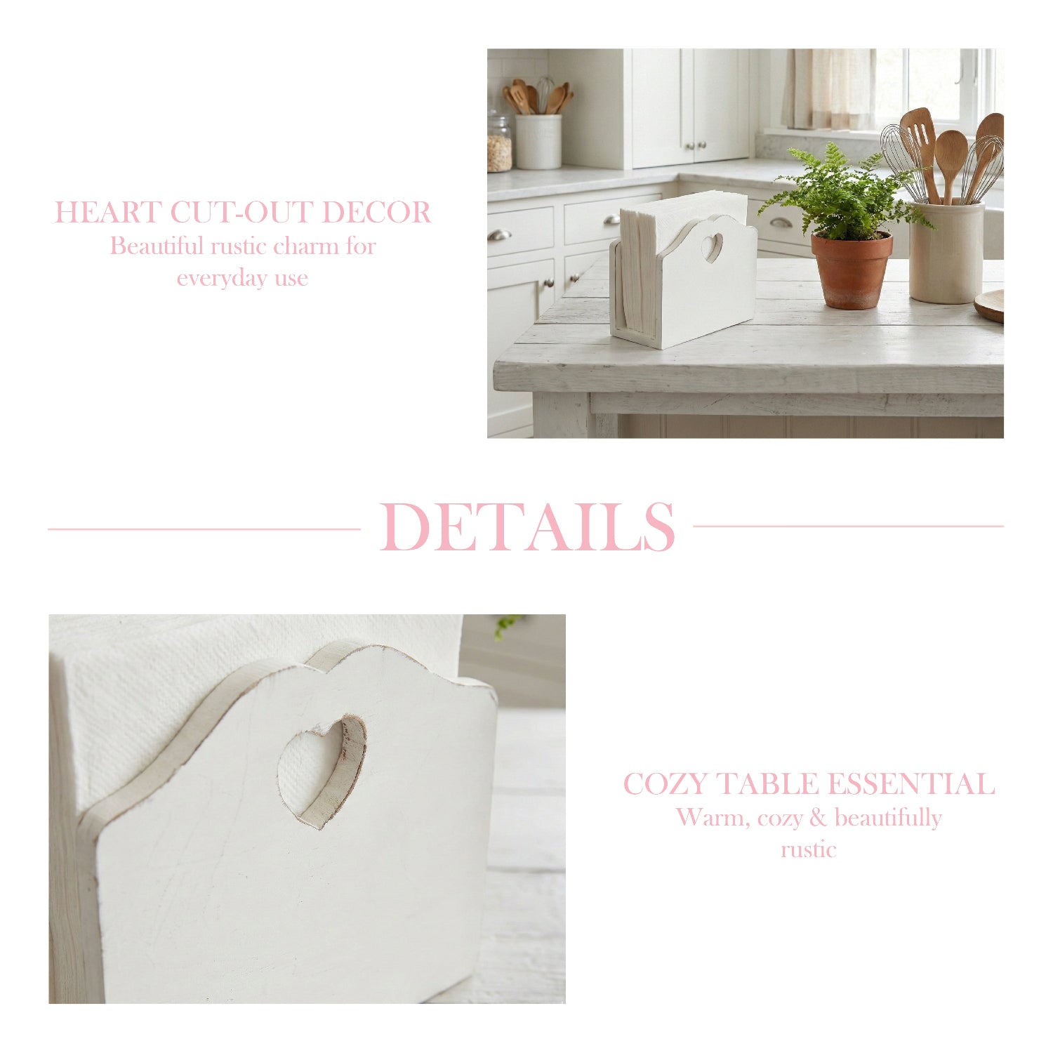 White wooden tissue holder with heart cutout on a kitchen counter, surrounded by decor elements.