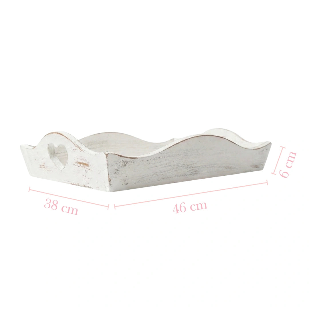 White wooden tray with dimensions on a white background