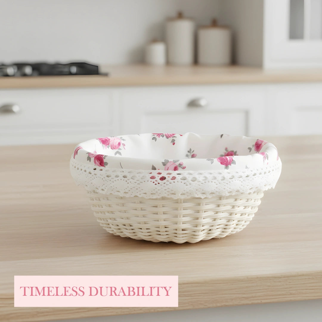 White woven Cottage Round Wicker Basket with floral pattern on a wooden surface, labeled 'Timeless Durability'.