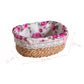 Wicker basket with floral fabric liner and lace trim, shown with dimensions on a white background.