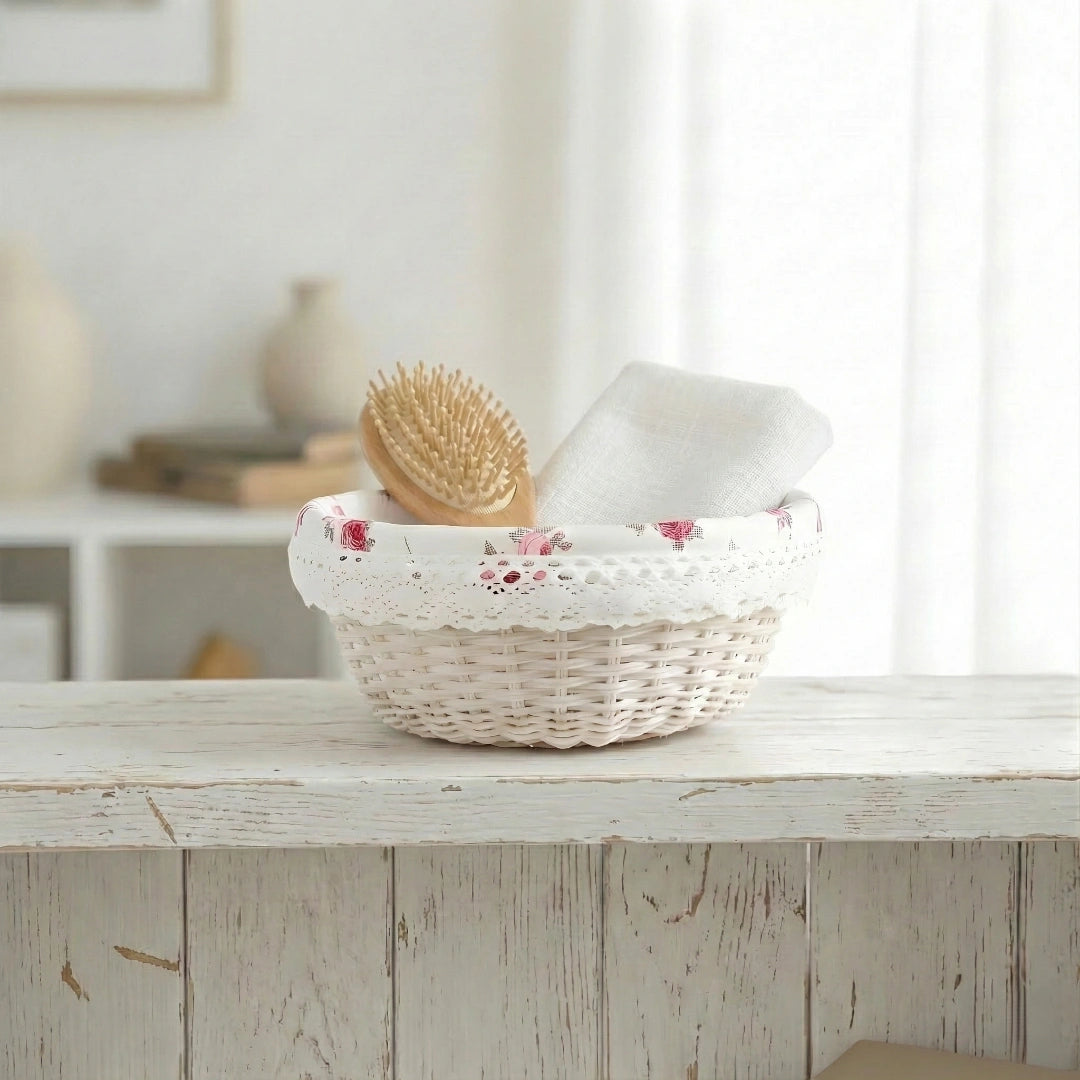 Wicker basket with a hairbrush and white bowl on a wooden surface with a blurred background