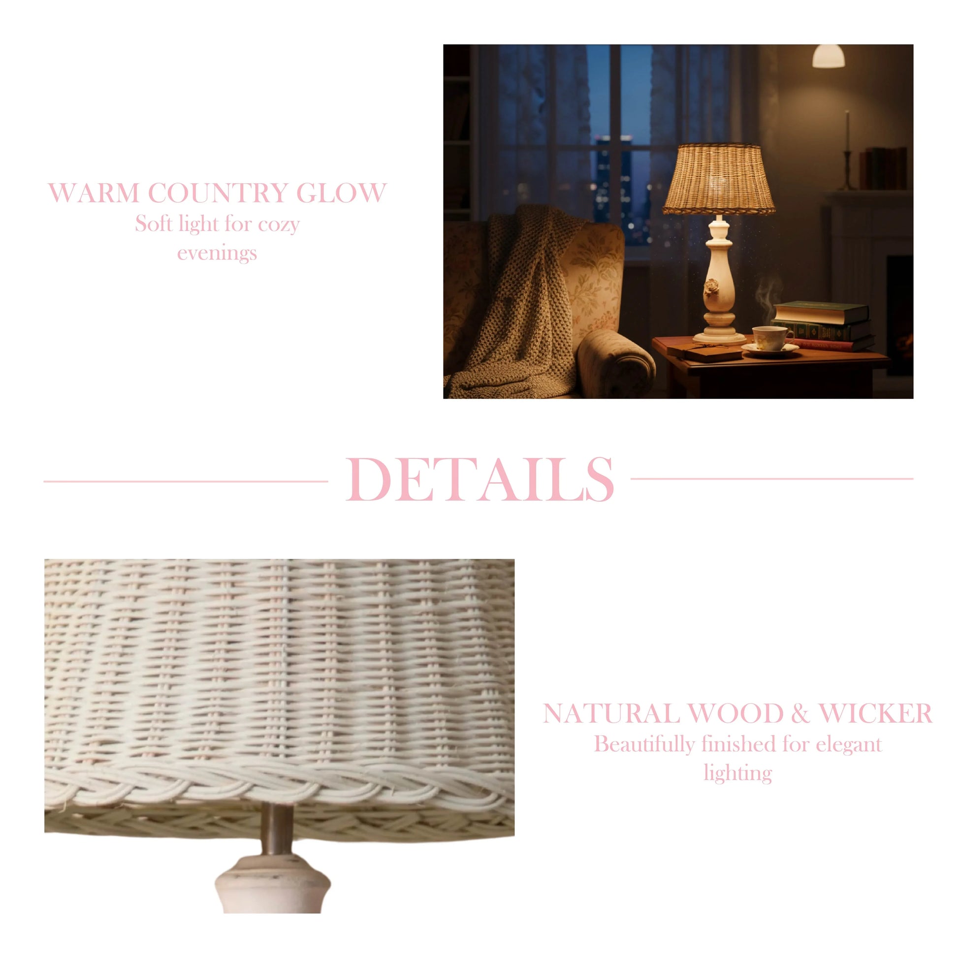 Cozy interior scene with a lamp and armchair, featuring text about warm country glow and natural wood wicker.