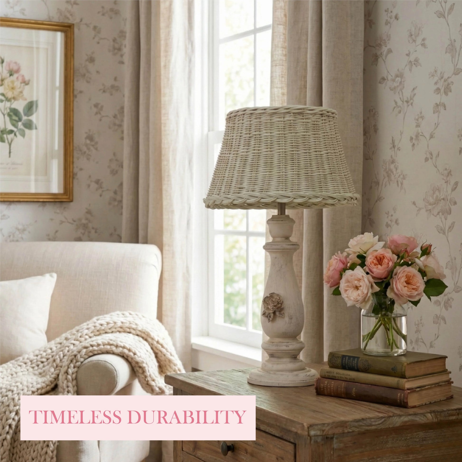 Living room with a lamp, books, and flowers on a table, featuring 'Timeless Durability' text.