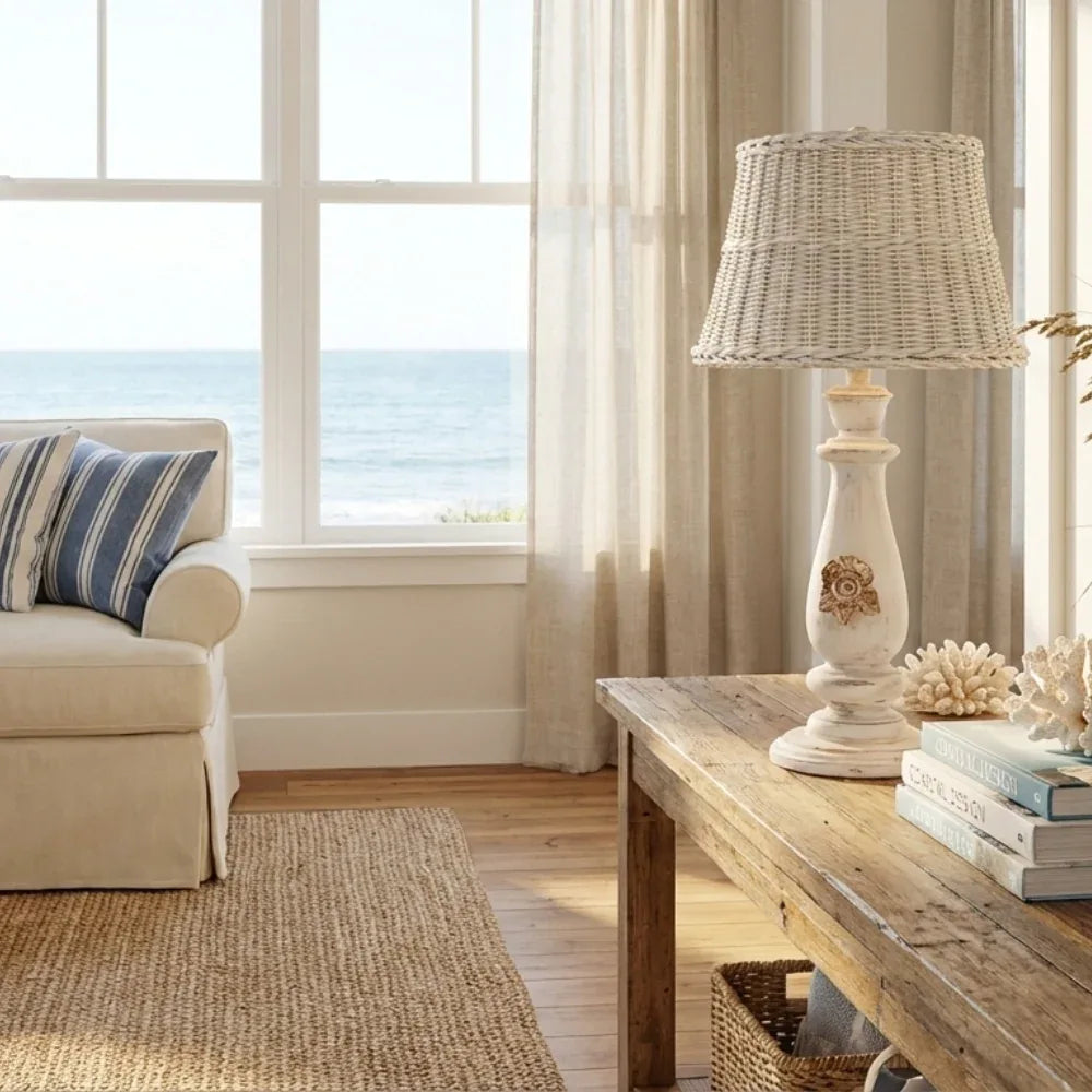 Living room with a couch, lamp, and table by a large window with a view of the ocean.