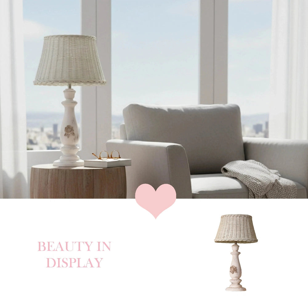Wicker Shade Side Lamp displayed on a living room side table with wicker shade and decorative base