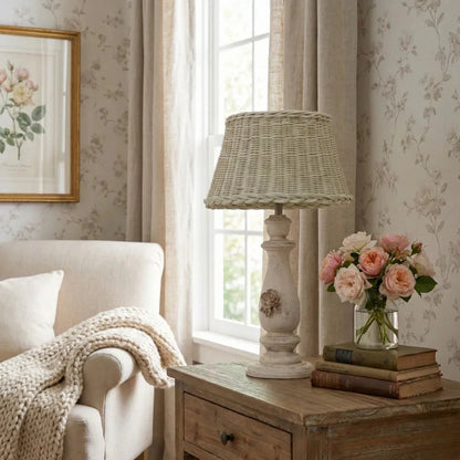 Wicker Shade Side Lamp on a wooden side table with books and flowers in a living room