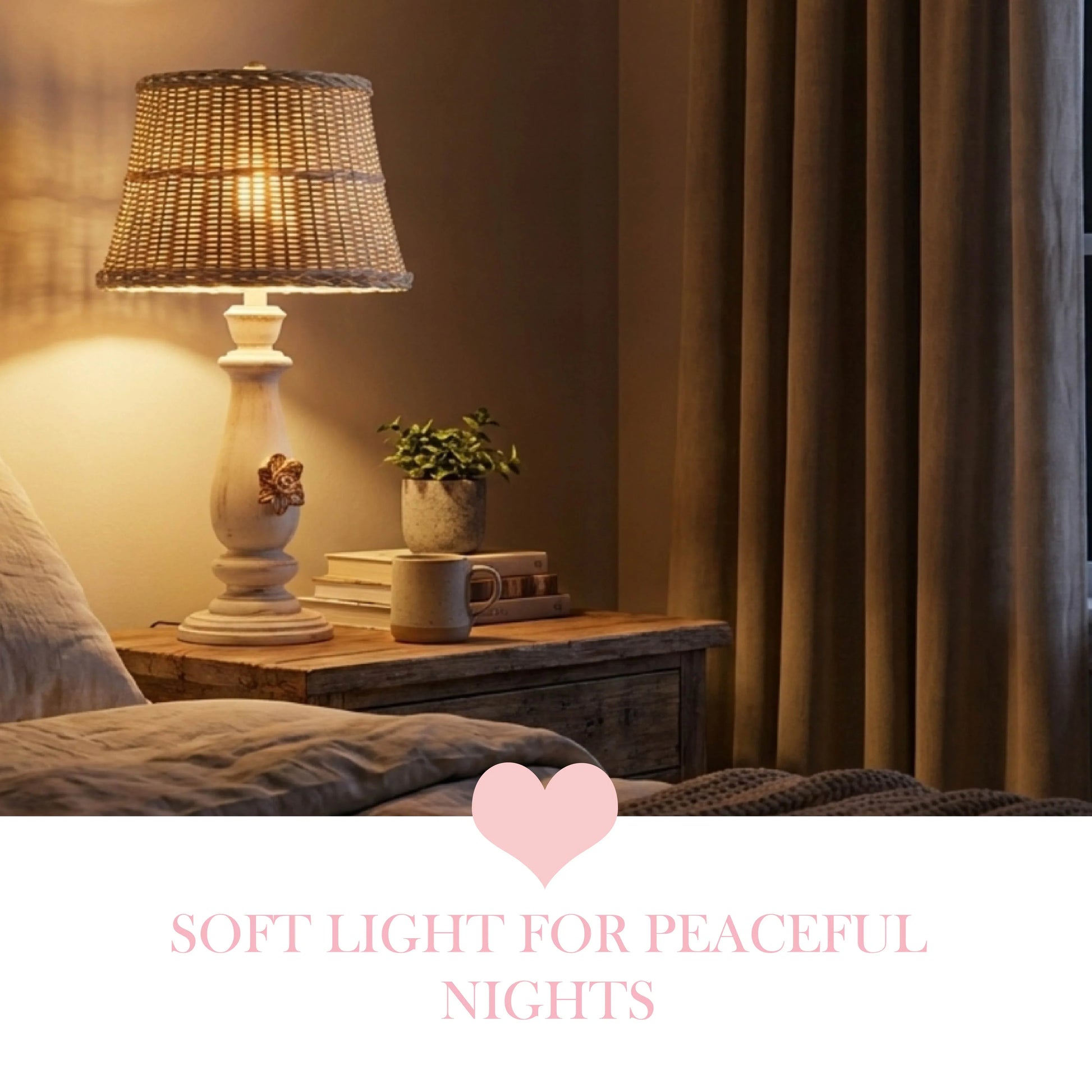 Napoleon III style lamp on a wooden table with soft light and text 'Soft Light for Peaceful Nights'.