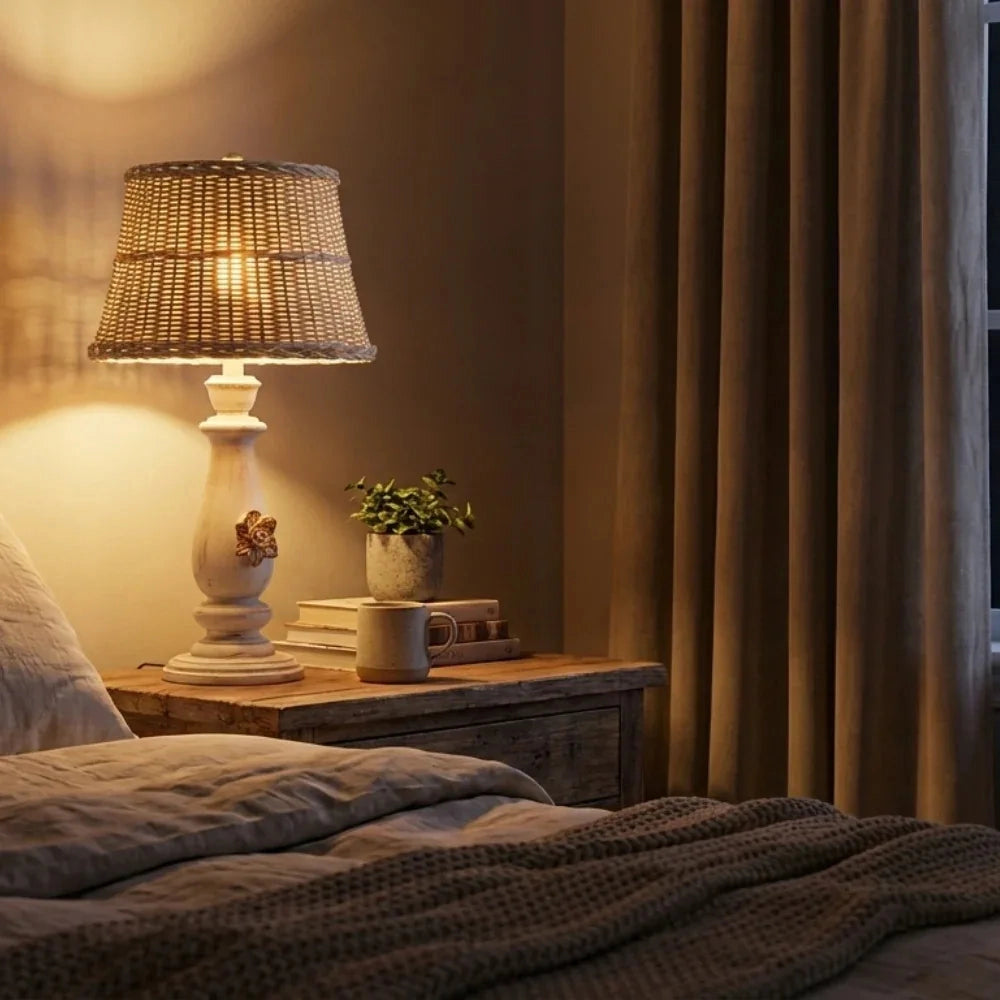 Wicker Shade Side Lamp on Napoleon III style wooden nightstand in bedroom setting