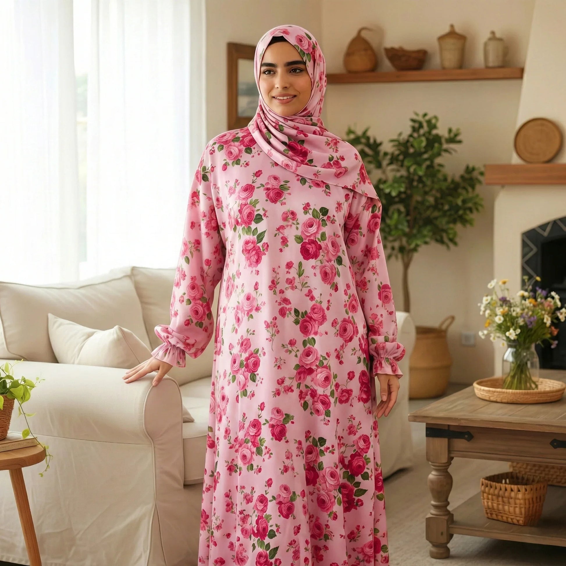Woman wearing a pink floral dress and hijab in a living room setting.