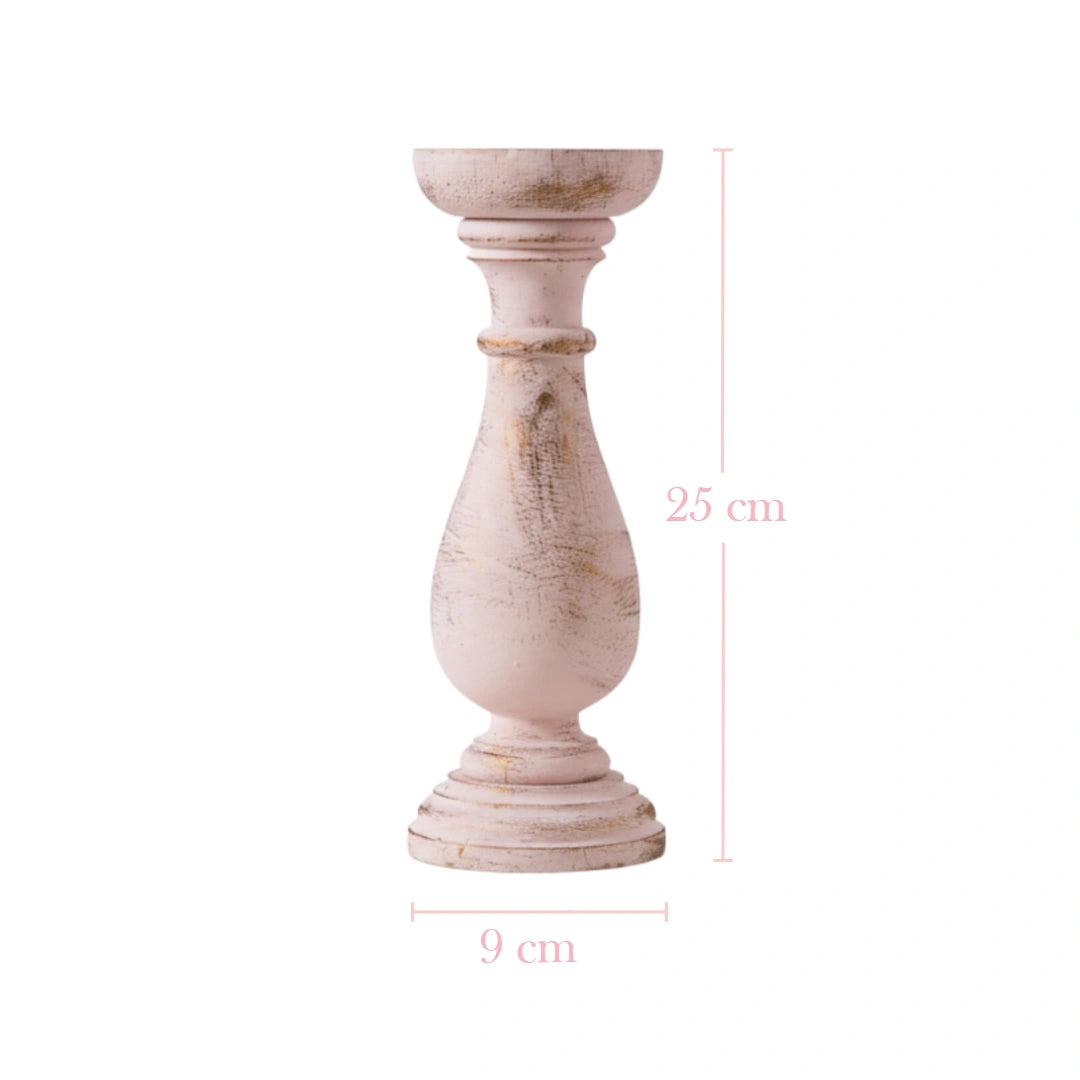 Wooden candle holder with dimensions on a white background