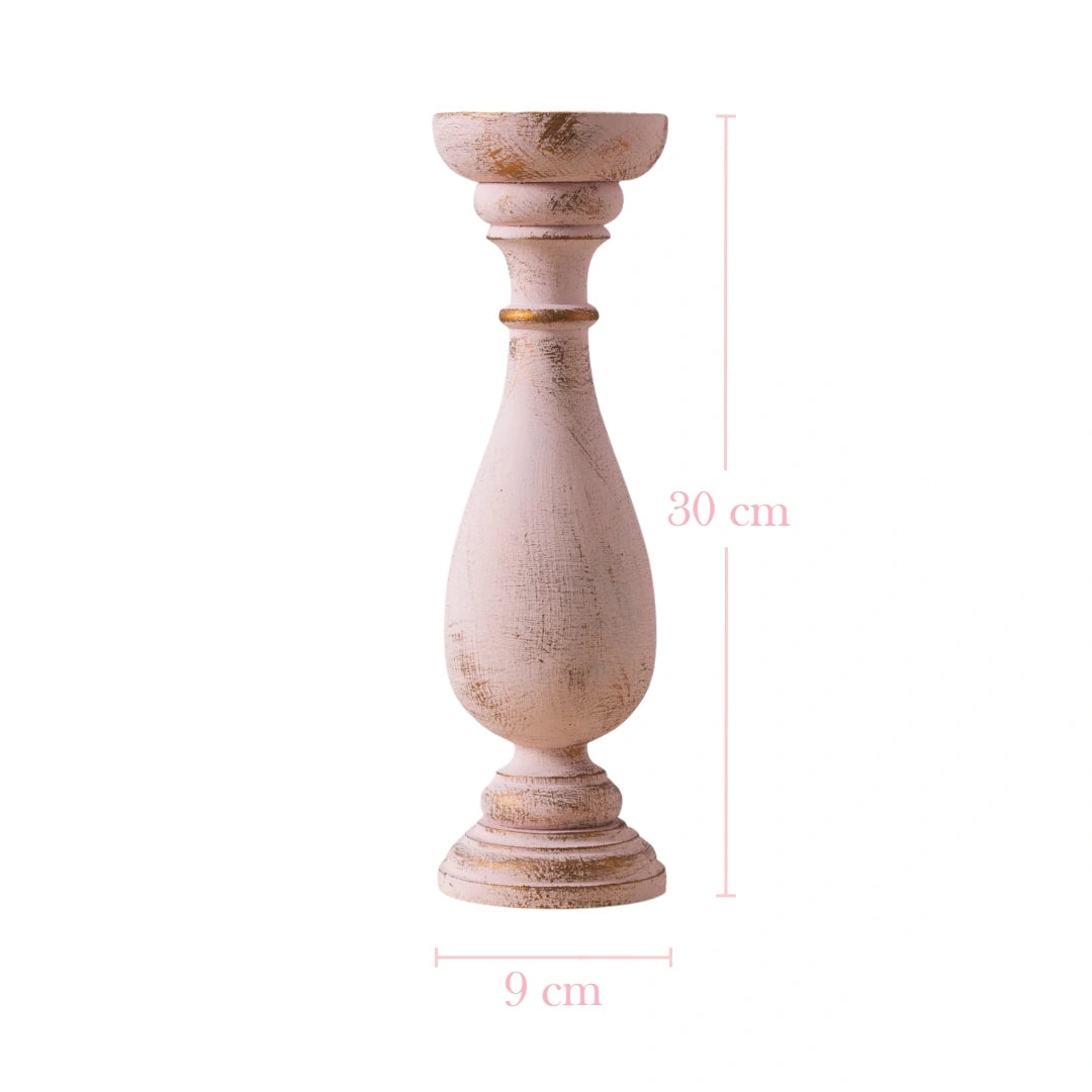 Wooden candle holder with dimensions on a white background