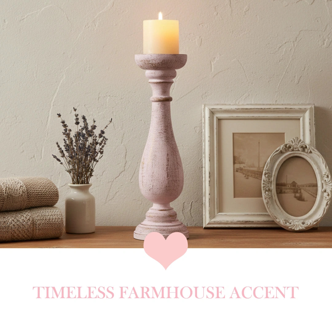 Country Carved Wooden Candle displayed in decorative setup, vase of dried flowers, and framed pictures on wooden surface
