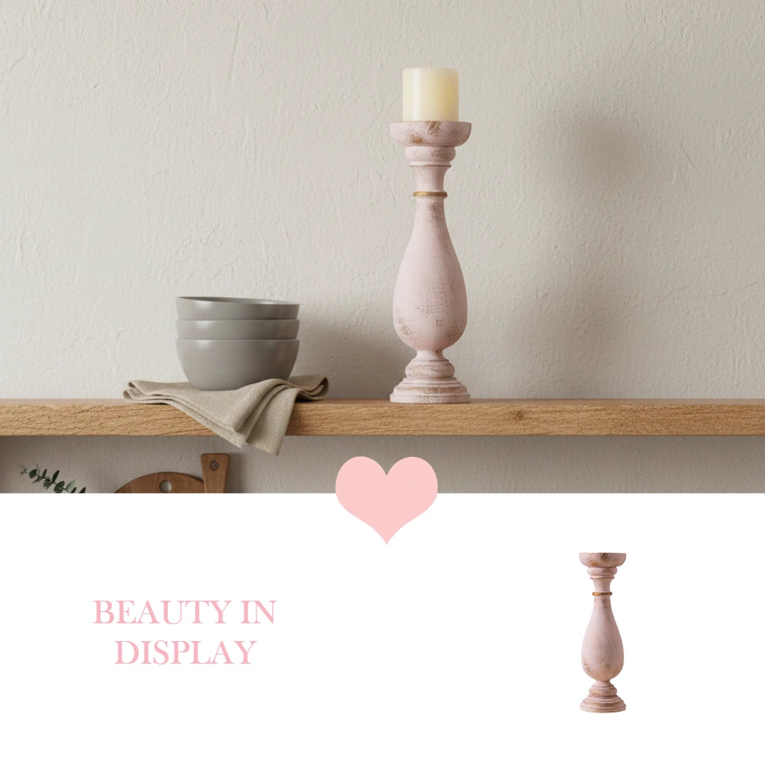 Wooden shelf with a candle holder, bowl, and towel against a plain wall with 'Beauty in Display' text.
