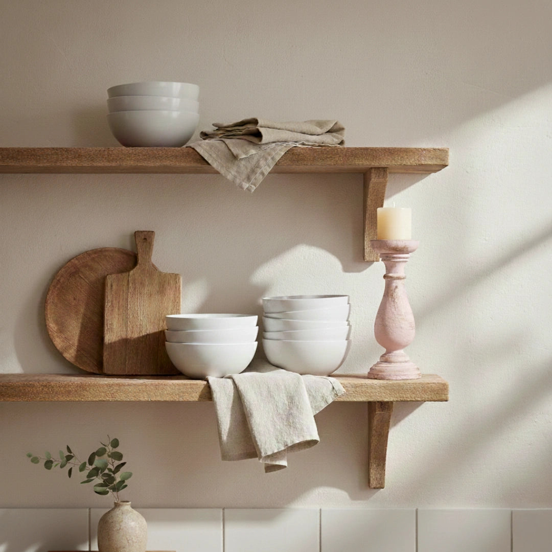Wooden shelves with ceramic bowls, a cutting board, and a candle in a minimalistic setting.