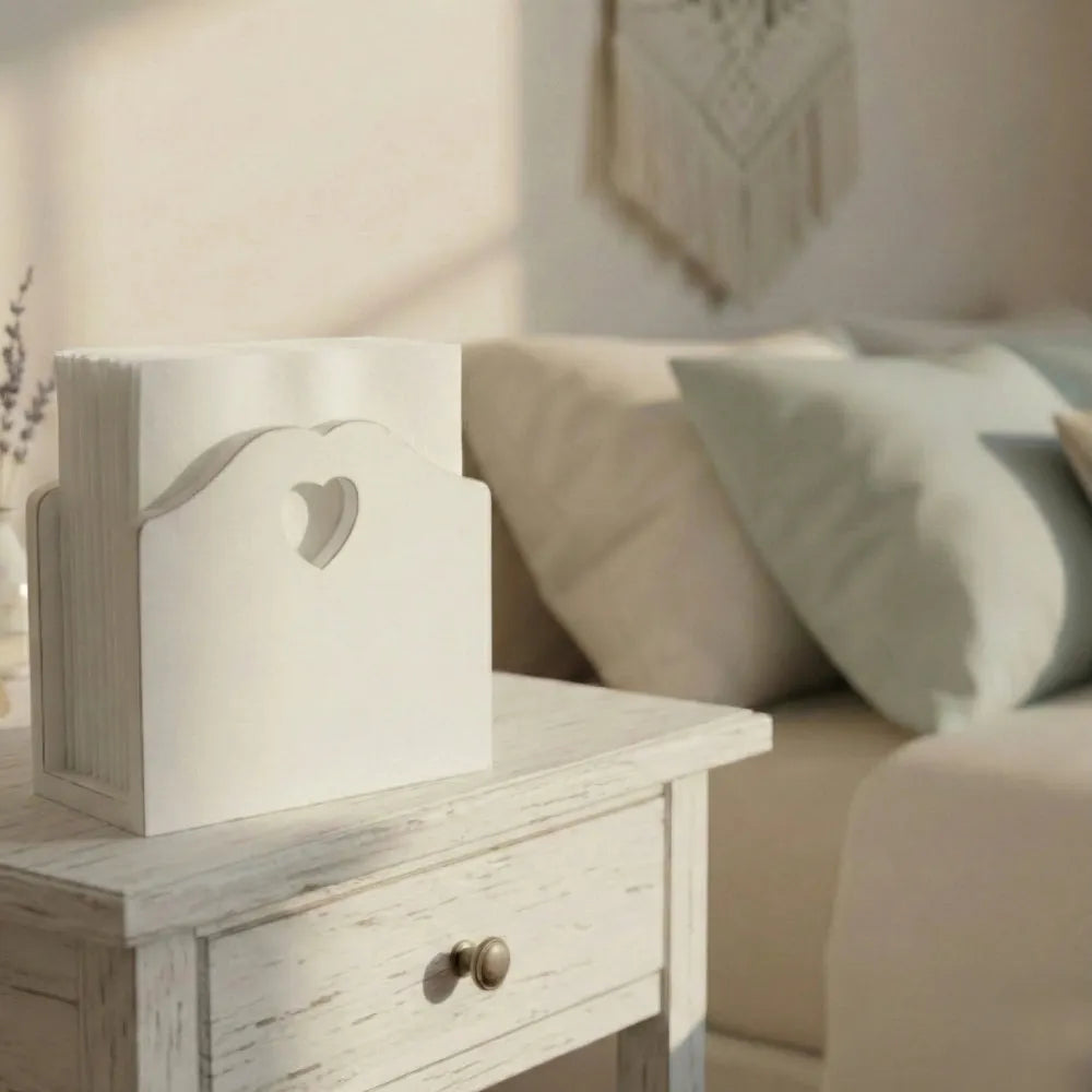 Wooden side table with a heart-shaped cutout next to a sofa with pillows