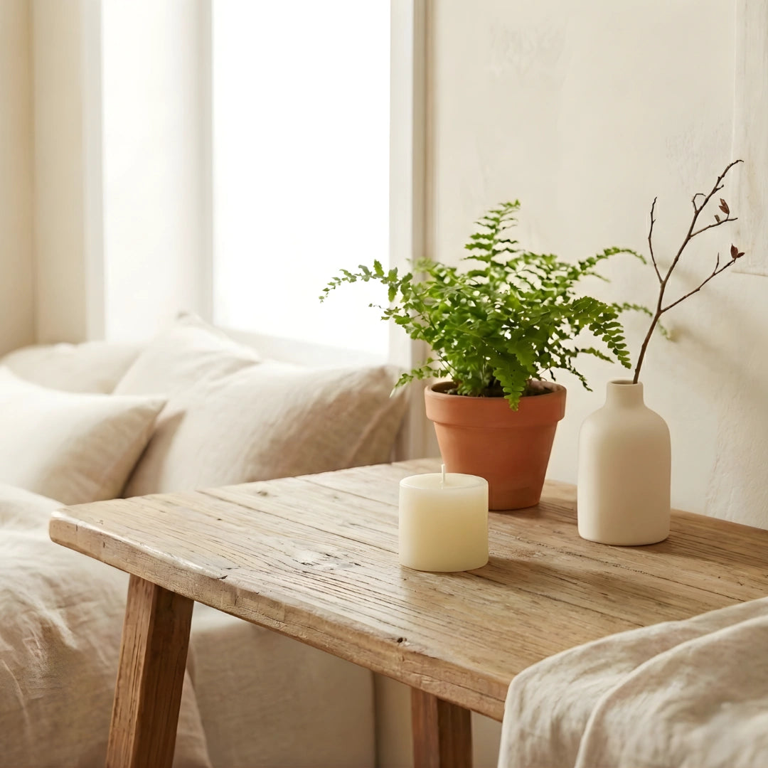 Wooden table with a antique White Pillar Candle, potted plant, and vase in a cozy living room.