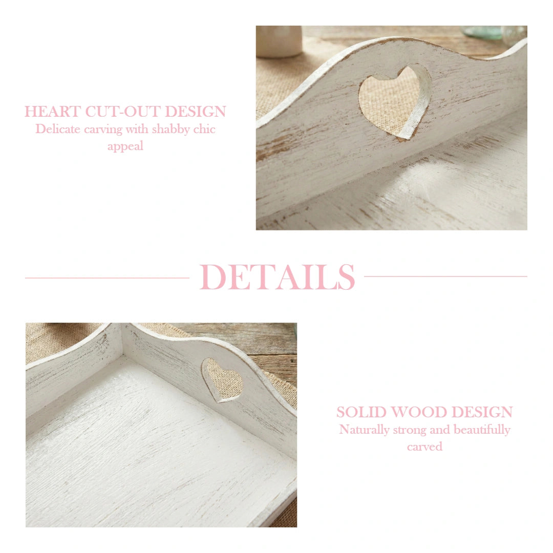 Wooden tray with heart cut-out design on a light background