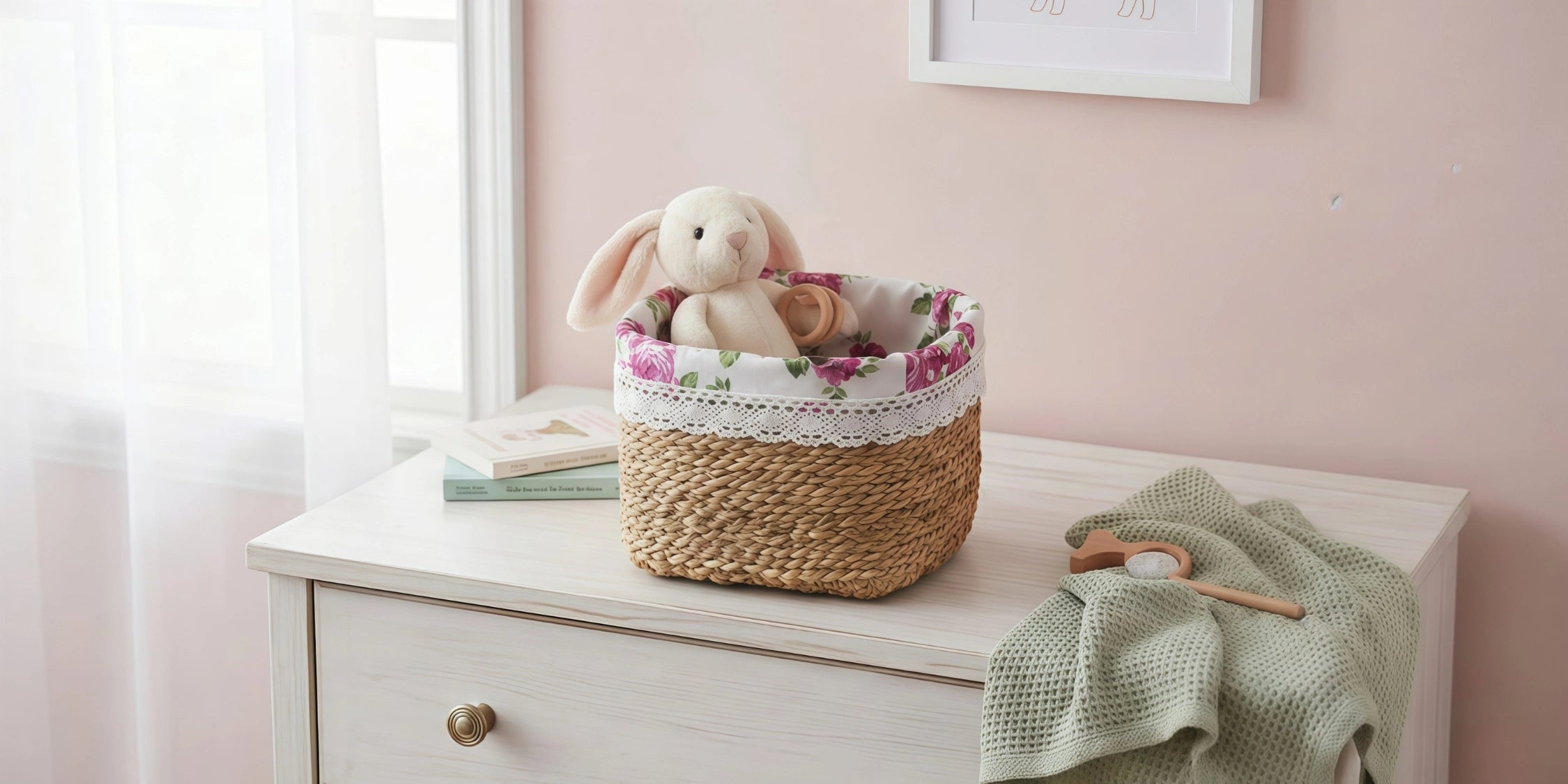 Woven basket with baby items on a white dresser against a pink wall.