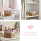 Woven basket with floral accents in various settings, including a nursery and a vanity area.